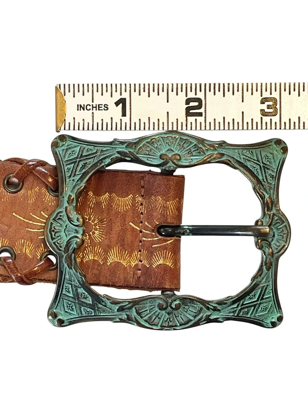 Streets Ahead Cognac Leather Belt Square Patina Buckle Boho Vintage 90s Size M/L